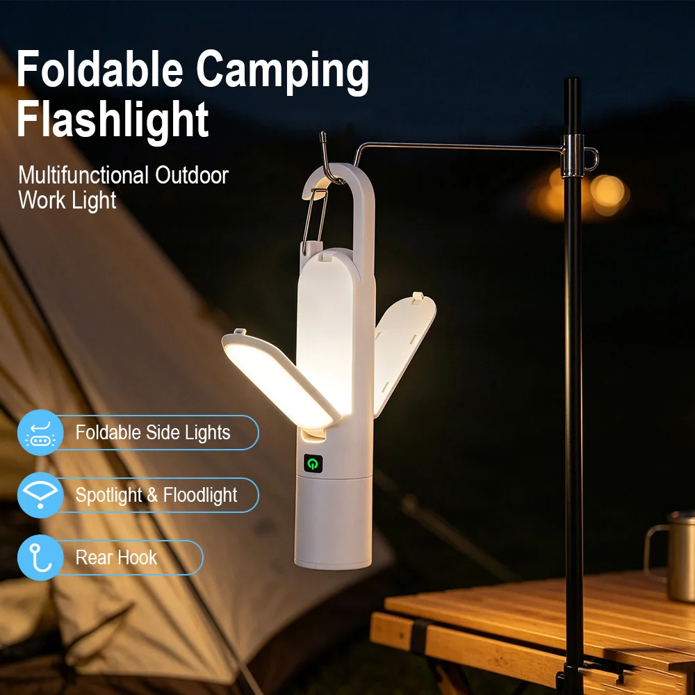 BORUiT Zoomable LED Flashlight Foldable Camping Flashlight With Hook Type-C Rechargeable Torch 6 Modes Fishing Hiking Lantern