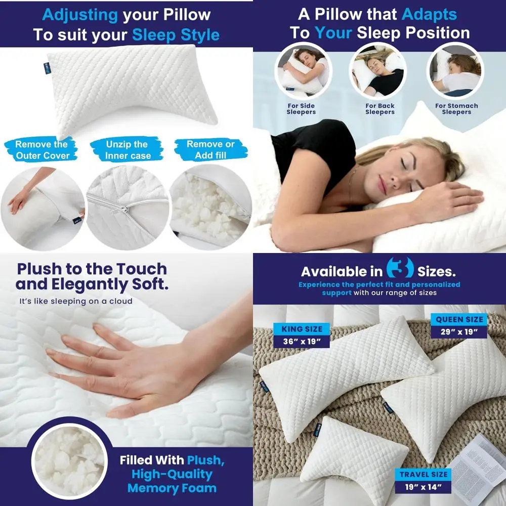 

King Size Adjustable Memory Foam Pillow for Side and Back Sleepers with Customizable Loft and Extra Foam Bag (White)