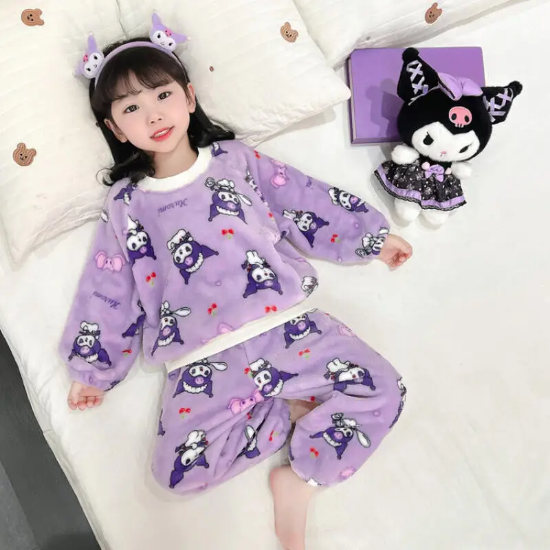

Детская одежда Kuromi, фланелевые пижамные комплекты Sanrios My Melody Girl, штаны с длинными рукавами с героями мультфильмов, кавайная одежда для отдыха, осень-зима