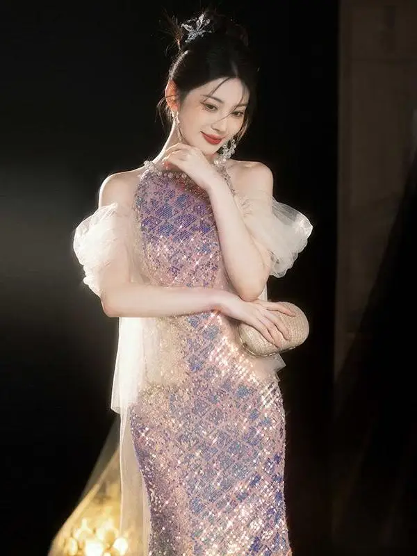 

Ele Evening Gown Women's 2025 New High-End Host Ball Glittering Fi Tail Skirt Long Sve mid Waist Ele Dr