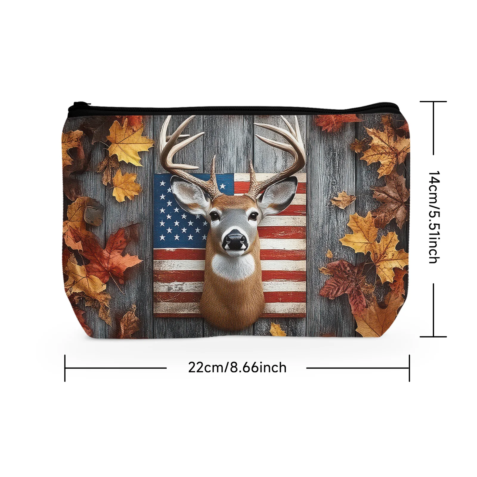 1Pc Vintage Usa Flag Background Deer Head Maple Leaf With Zipper Makeup Bag For Women Cosmetic Bags