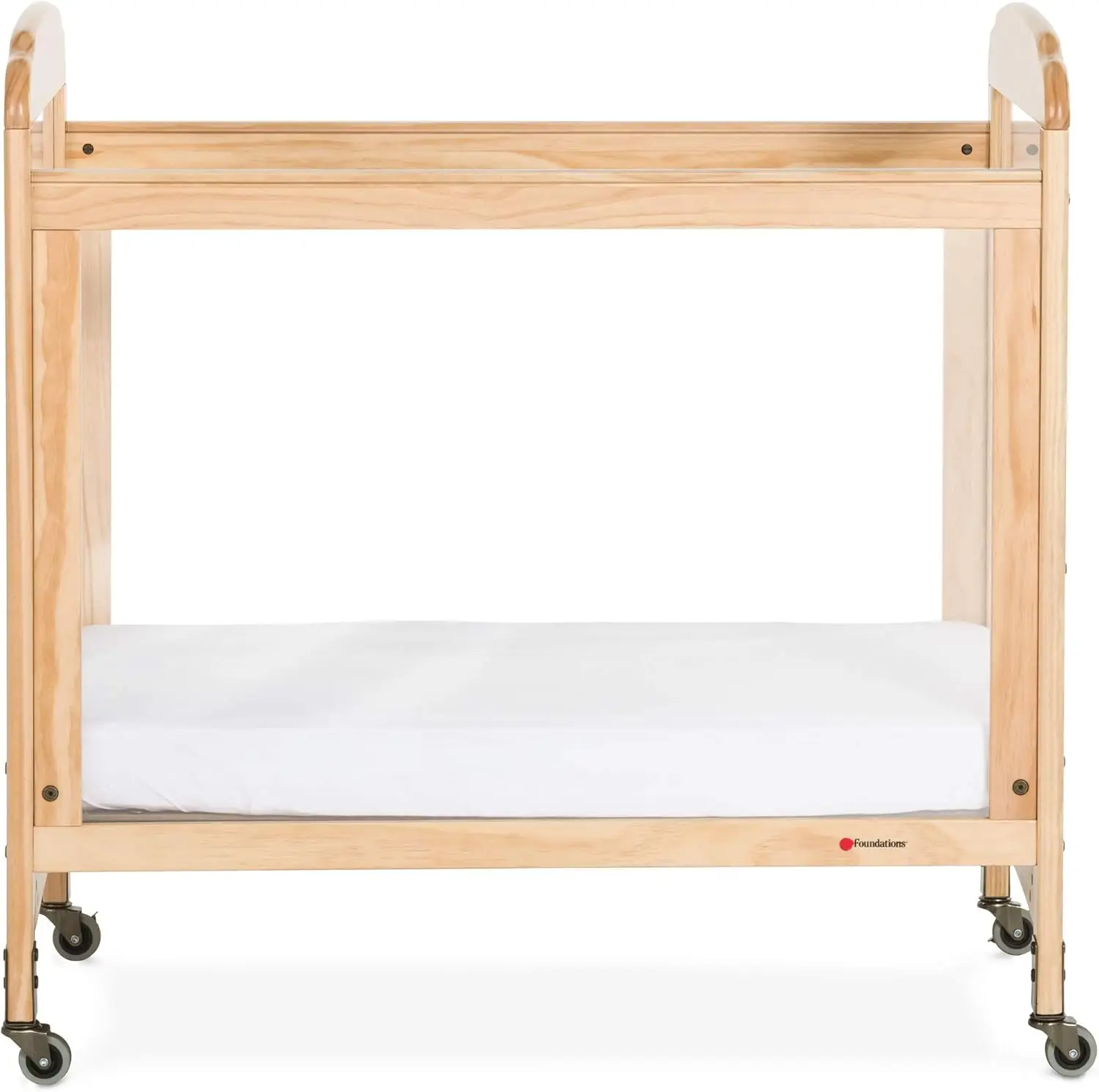 Serenity Compact Clearview Daycare Crib, Fixed Side, Durable Wood Construction, Non-marking Casters (2 Locking), includes 3” Inf