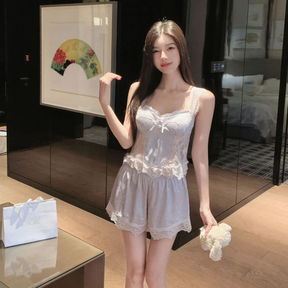 French Sultry Pure Desire Pajama Set Women Ice Silk Cami & Shorts with Built-in Bra Spring Summer Cool Sleepwear