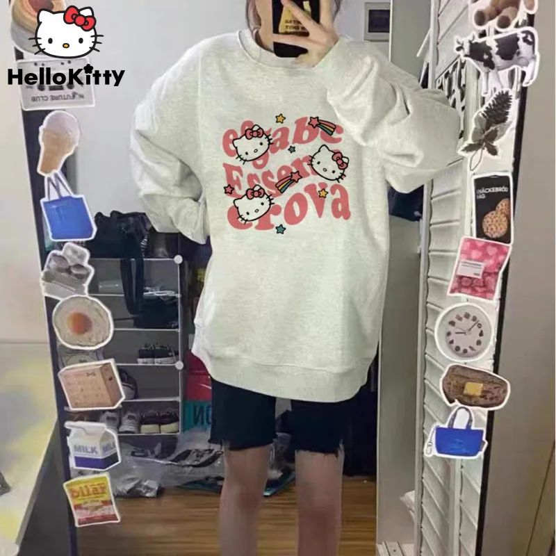 

Sanrio Hello Kitty Cotton Sweet Cute Printed Long Sleeve Shirt Korean Round Neck Hoodie Trashy Y2k 2000s Pullovers Outerwear Top