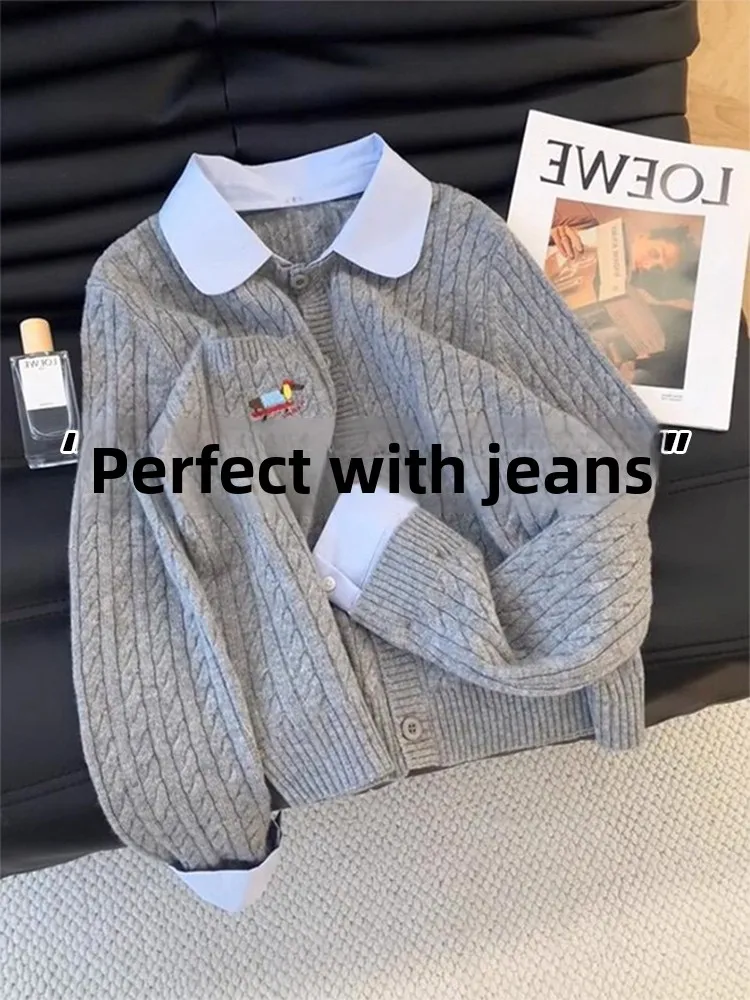 

Gray Neck Knitted Cardigan Sweater Women's Winter High-End Feeling Inner Match Base Shirt Top Spring Autumn Korean Style