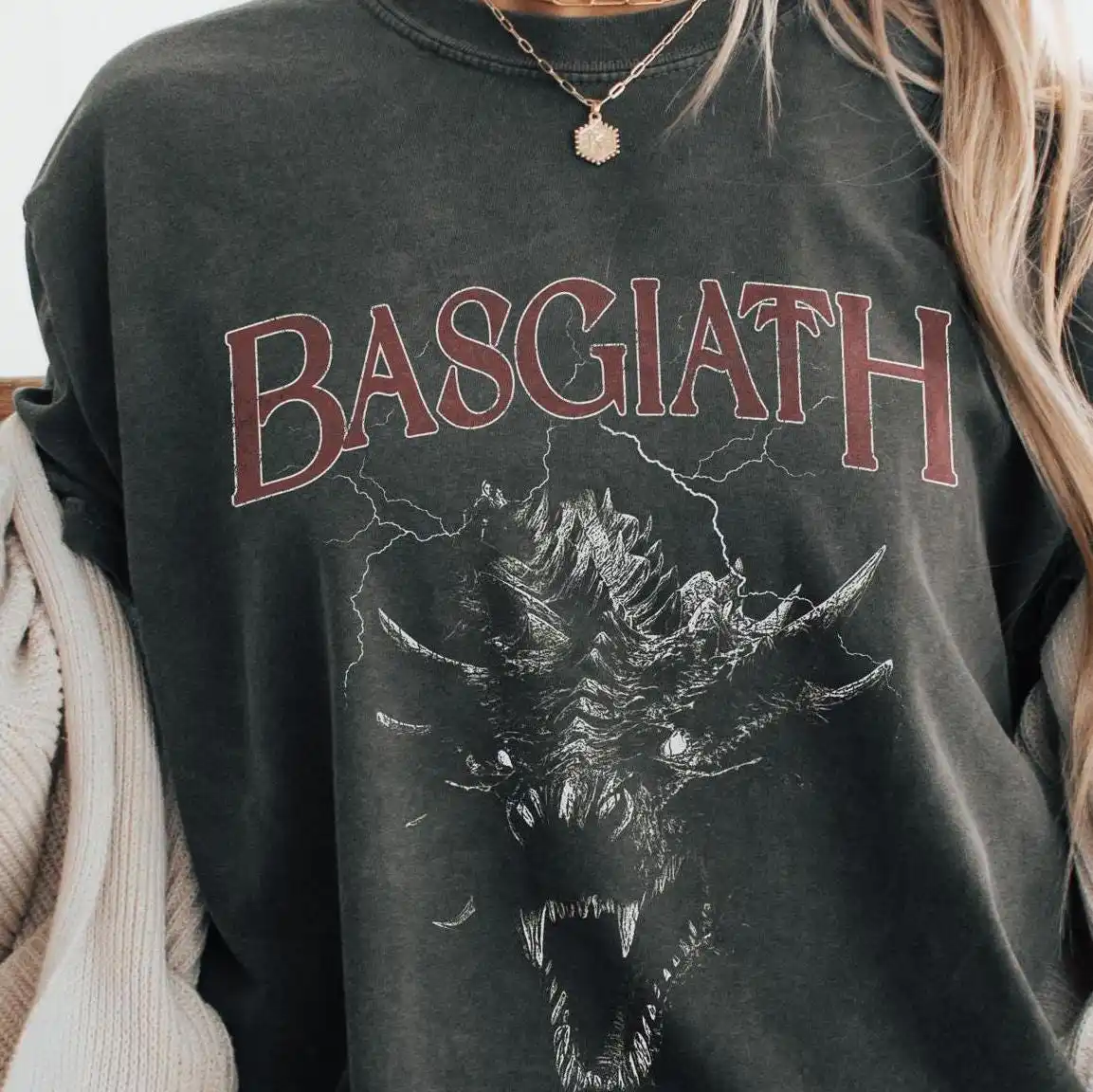 Fourth Wing Basgiath T-shirt Dragon Head Lightning BookTok Vintage Graphic Tees Unisex Oversized Washed T Shirts