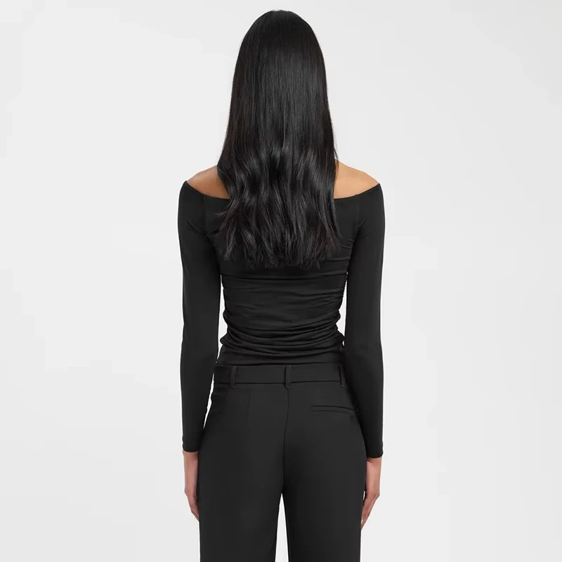 Solid Color One-Shoulder Autumn Women'S Top Teardrop Neckline Hollow Out Long Sleeves Gathered T-Shirt Top Women Female