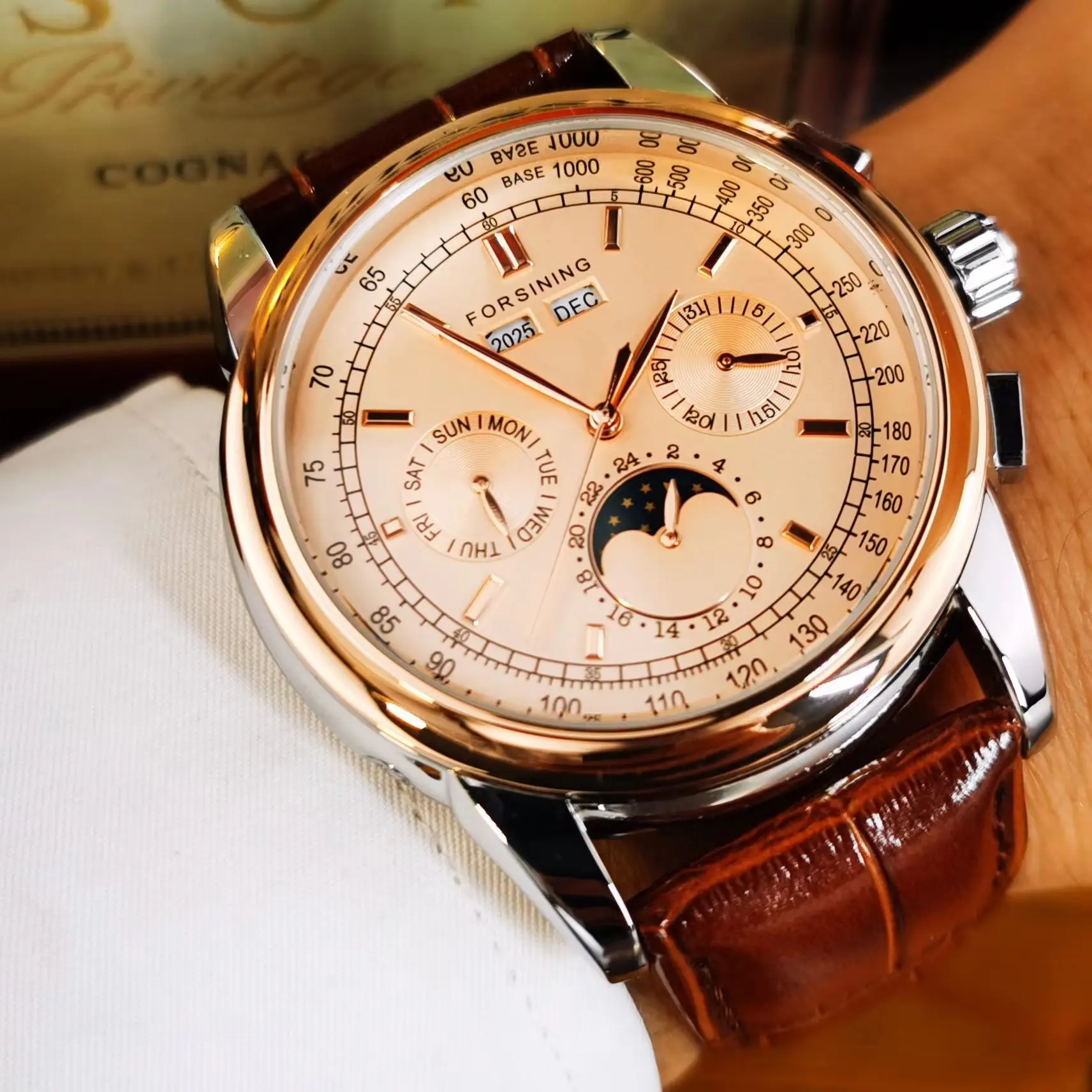 Forsining Classic Mens Watches Top Brand Luxury Moon Phase Calendar Automatic Mechanical Watch for Men Leather Strap Wristwatch