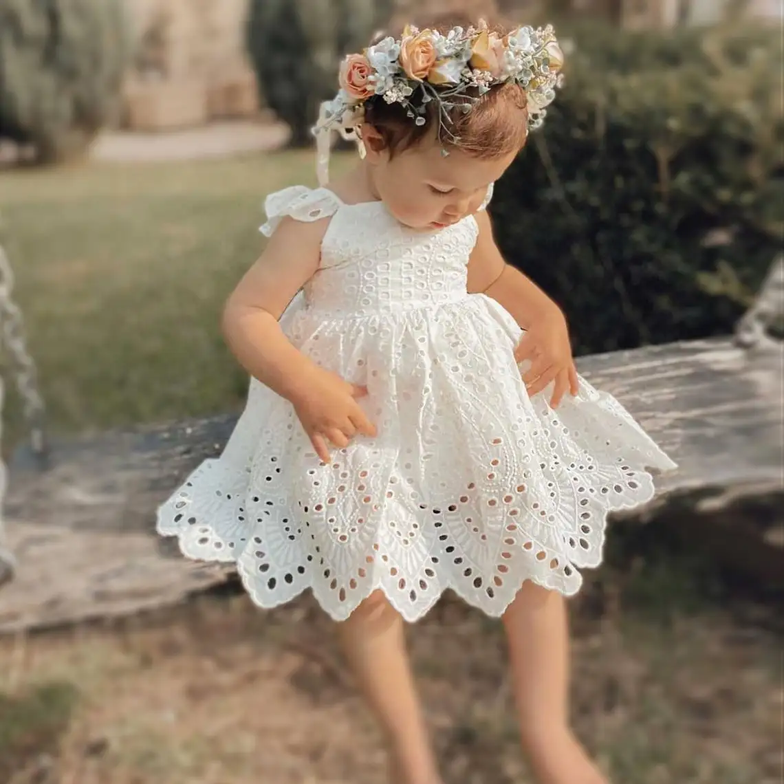 Flower girl dress for Baby Bridesmaid Beach Boho Wedding outfit Summer 1st birthday party Toddler Baptism white cotton gown 1-5Y