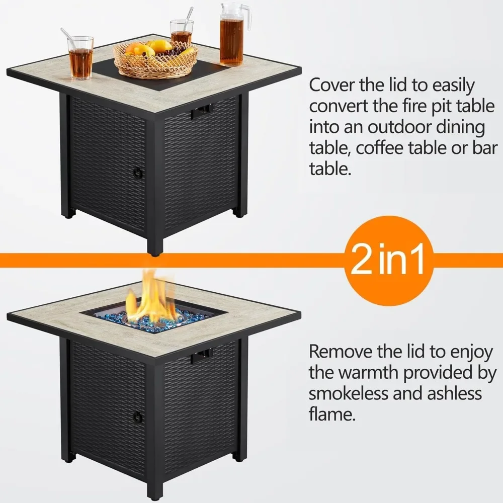 Propane Gas Fire Pit Table, Ceramic Tabletop and Blue Fire Glass for Outdoor with Rattan Pattern Steel Base/Lid, Fire Table
