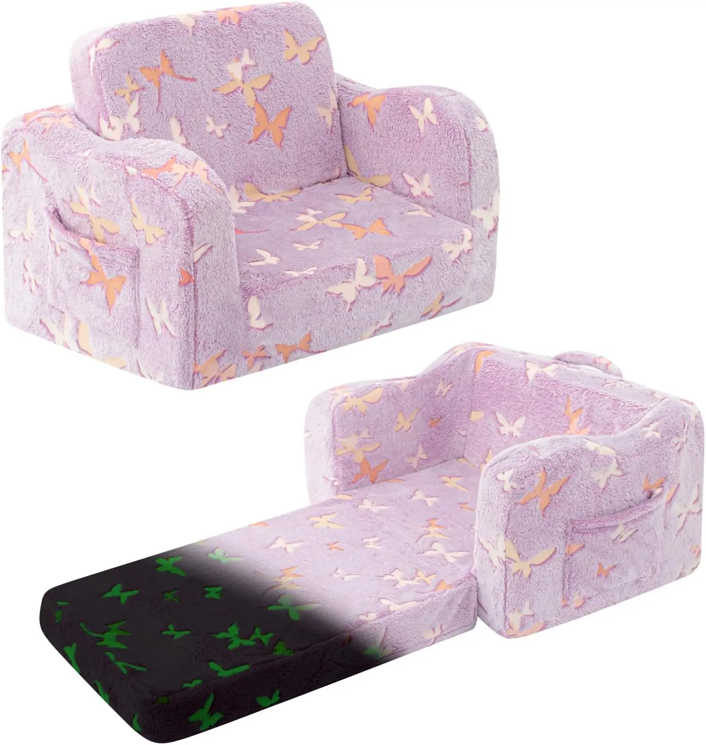 

Kids Toddler Chair, 2-In-1 Toddler Couch Fold Out, Convertible Chairs For Toddlers Comfy Sofa To Lounger With Glow In The Dark