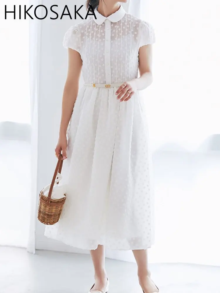 Robe blanche à fleurs texturales douces pour femmes, robe en mousseline de soie élégante, col claudine, taille mince, style japonais, été éducatif