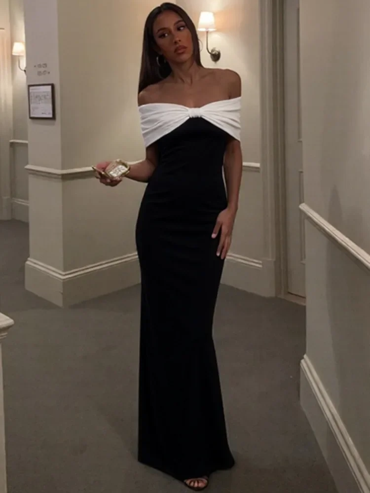 فستان ماكسي مثير بدون أكتاف مكشوف الظهر للنساء أنيق مرقع بدون أكمام وظهر عالي الخصر فساتين حفلات النادي