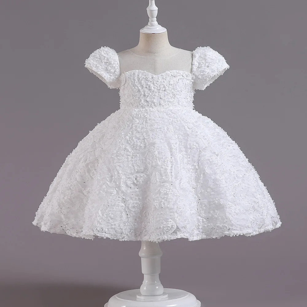 

Kid Puff Sleeved Princess Style Lace Embroidered Dress Heart Shaped Neckline 3D Floral Tulle Girl Skirt Elegant Gown Children