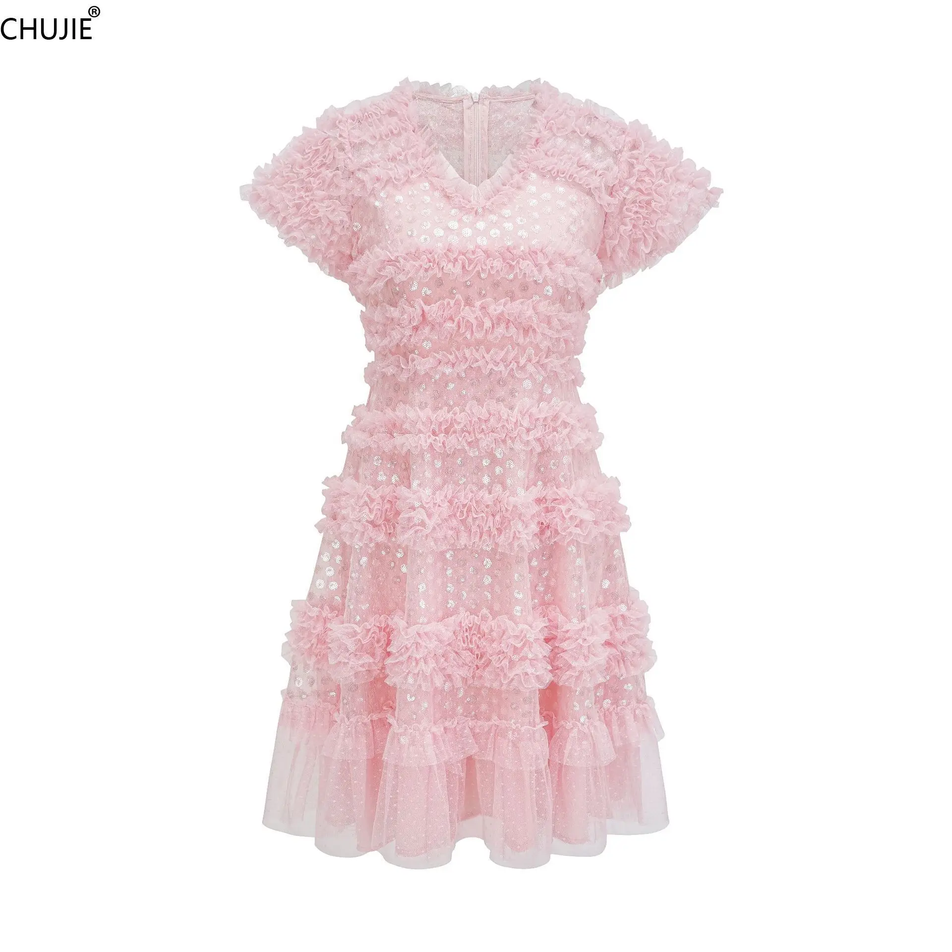 

CHUJIE Women's Dress Stylish sweet cute Sequins sequin casual short-sleeved banquet dress 2025 Spring New