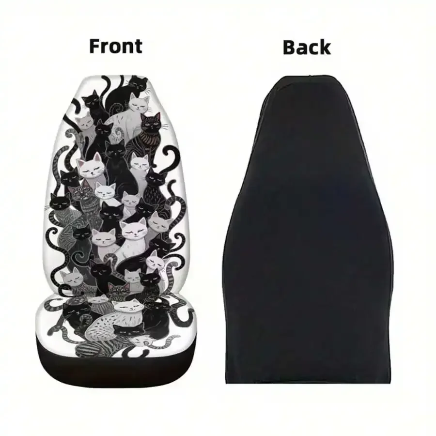 1PC Black And White Cat Pattern Car Seat Cover Universal For Cars SUVs Trucks