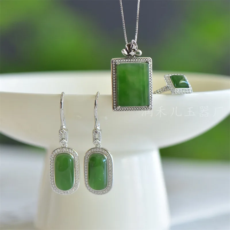 Natural S925 Silver Inlaid With Hetian Jade, Bright Green Square Pendant, Ring, And Earrings Three-Piece Set