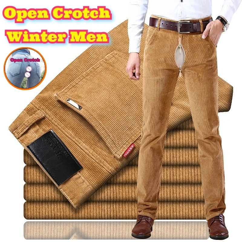 Open Crotch Winter Men Pants Corduroy Fleece Lined Stretch Straight Leg Relaxed Fit Thick Warm Casual Trousers Comfortable Plus