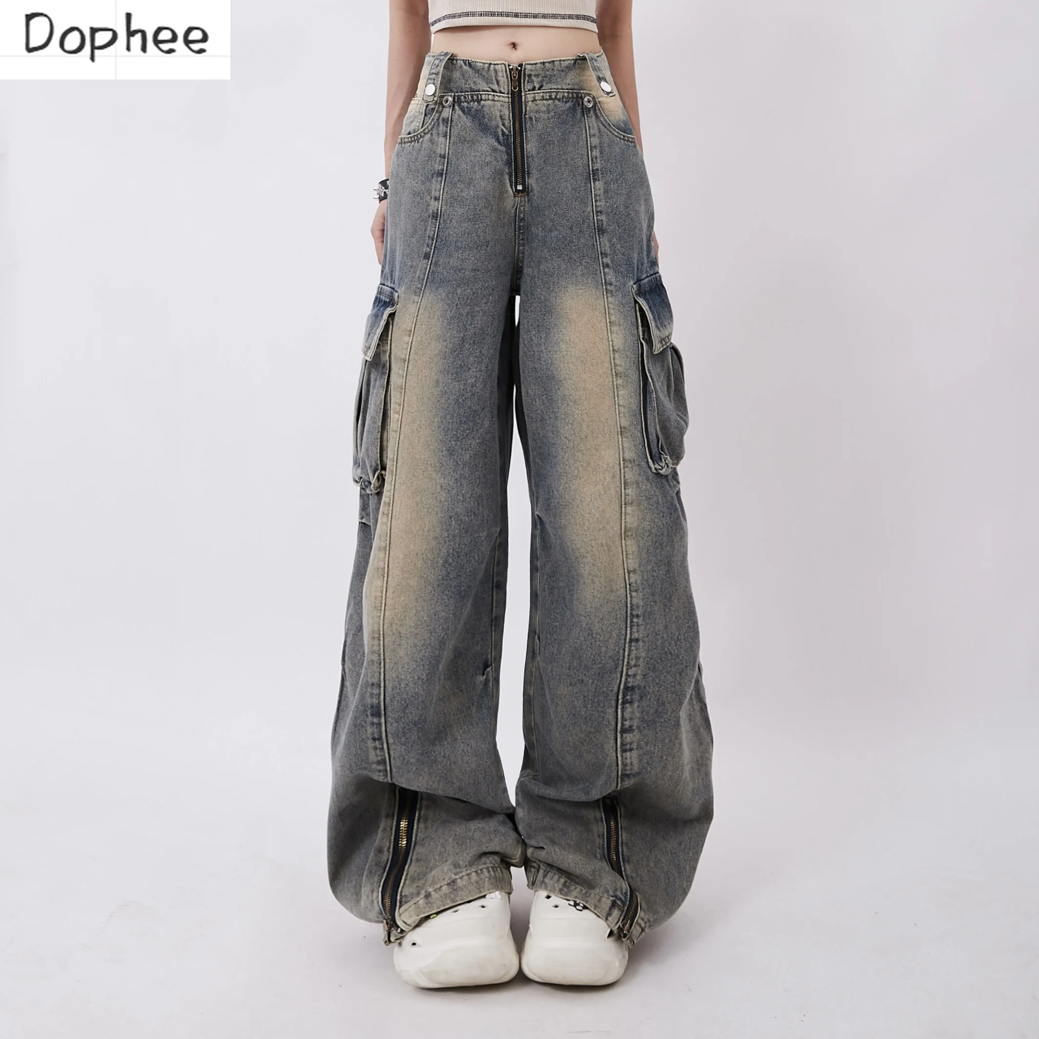 

Dophee Original Autumn Women's Denim Trousers Dopamine Vintage Multi Pockets Cargo Jeans Wide Leg Spice Girls Straight Pants