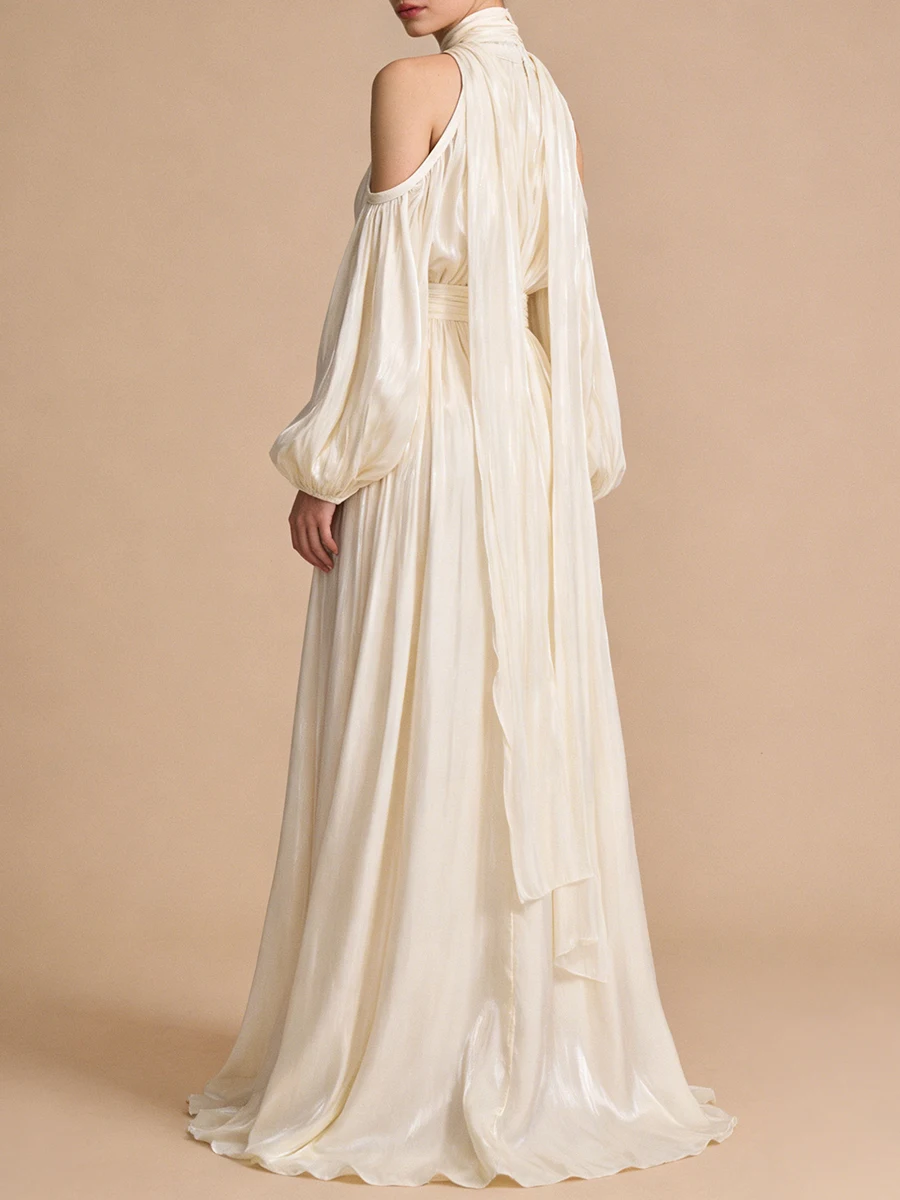 VGH elegante vestido de cinta empalmado con hombros descubiertos para mujer, vestidos de noche lujosos de cintura alta con mangas acampanadas y cuello Halter para mujer