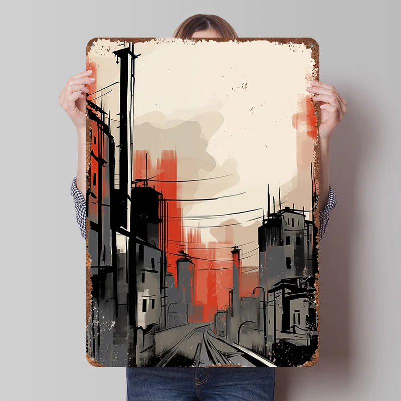 Urban Industrial Cityscape Metal Poster Custom Wall Art Retro Vintage Tinplate Signs for Man Cave Gaming Room Decoration Cozy