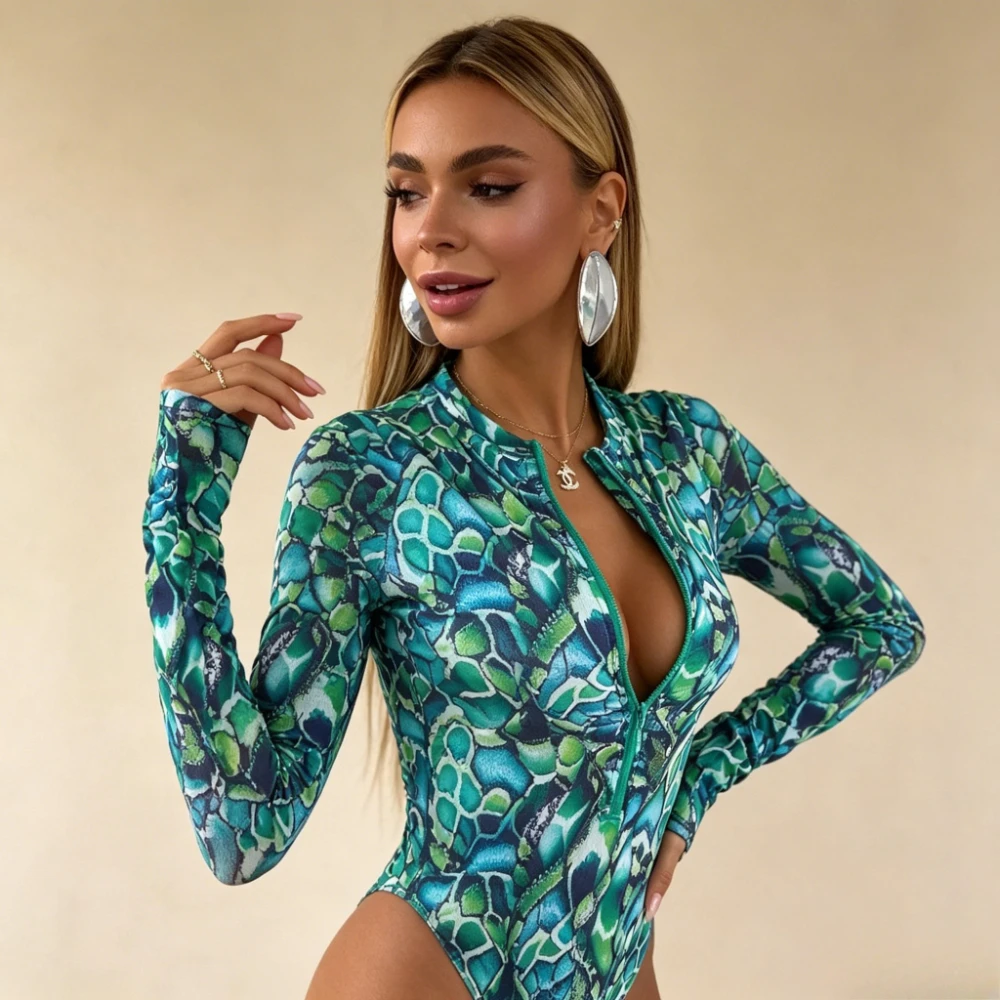 Print Zip Front Long Sleeve One Piece Swimsuit, UPF50 Stand Collar Mesh Rash Guard Bodysuit, Quick Dry Stretch Surf Bathing Suit