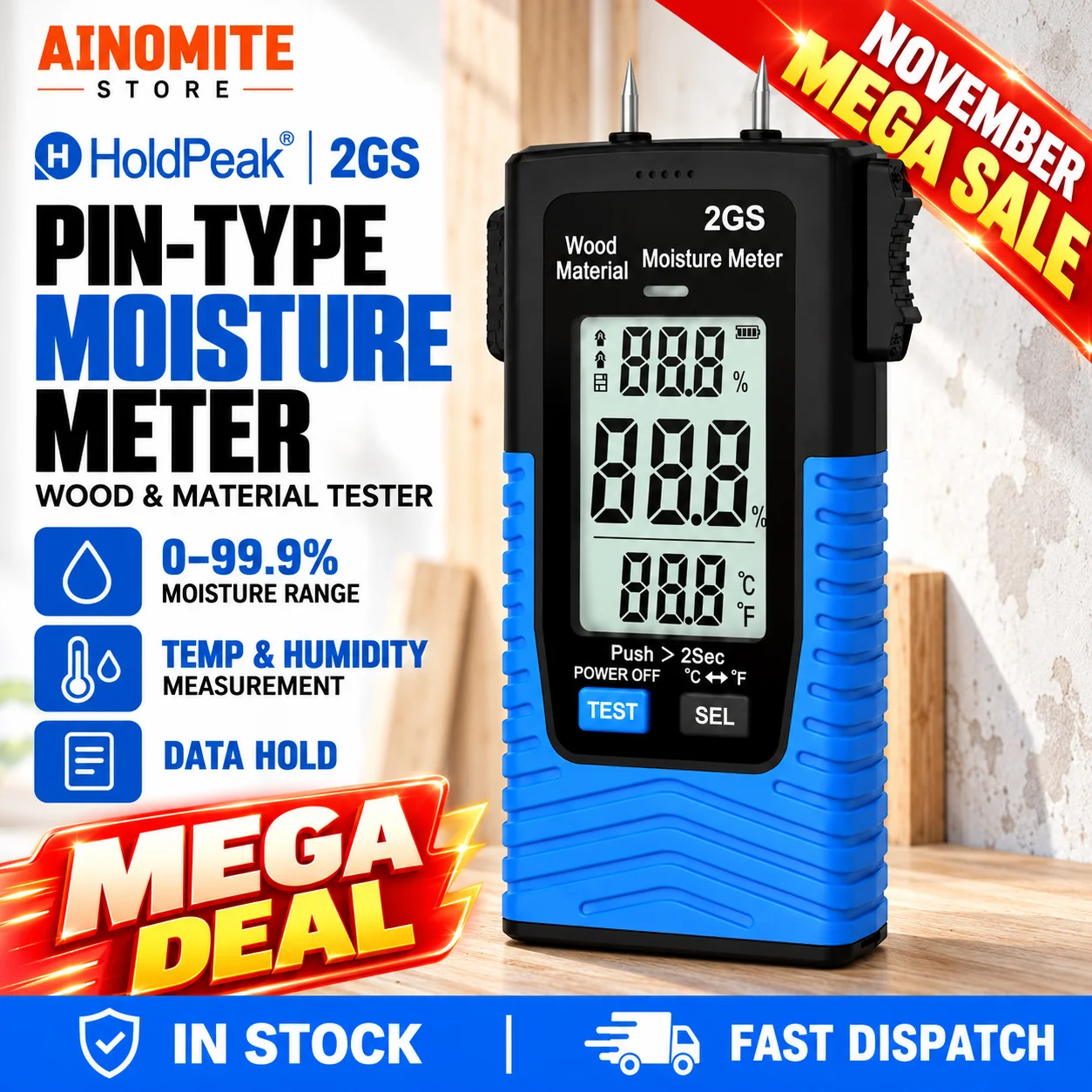 Digital Wood Moisture Meter for Firewood & Logs, Handheld Moisture Tester for Building Materials, Quick Moisture Content Testing