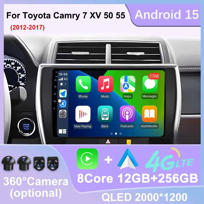 أندرويد 15 Carplay راديو السيارة التلقائي لتويوتا كامري 7 XV 50 55 2012 - 2017 واي فاي 4G الملاحة لتحديد المواقع مشغل وسائط متعددة ستيريو فيديو