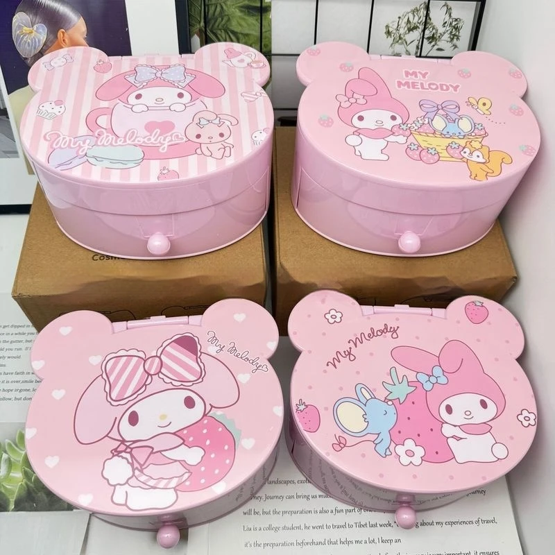 

Очаровательная пластиковая шкатулка для драгоценностей Sanrio, милый органайзер для хранения мелодии в форме сердца для девочек, праздничный подарок, маленькая коробка с зеркалом