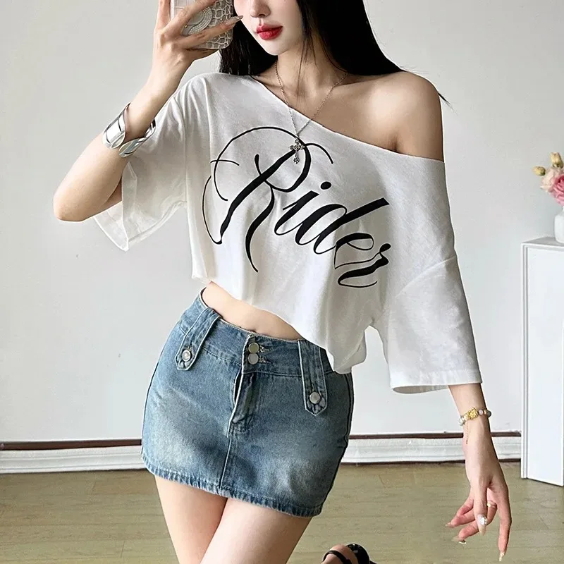 Hip Hop Style Letter Print Crop Top Women Off Shoulder Skew Collar Short Sleeve T-shirt Streetwear Irregular Hem Summer Tops