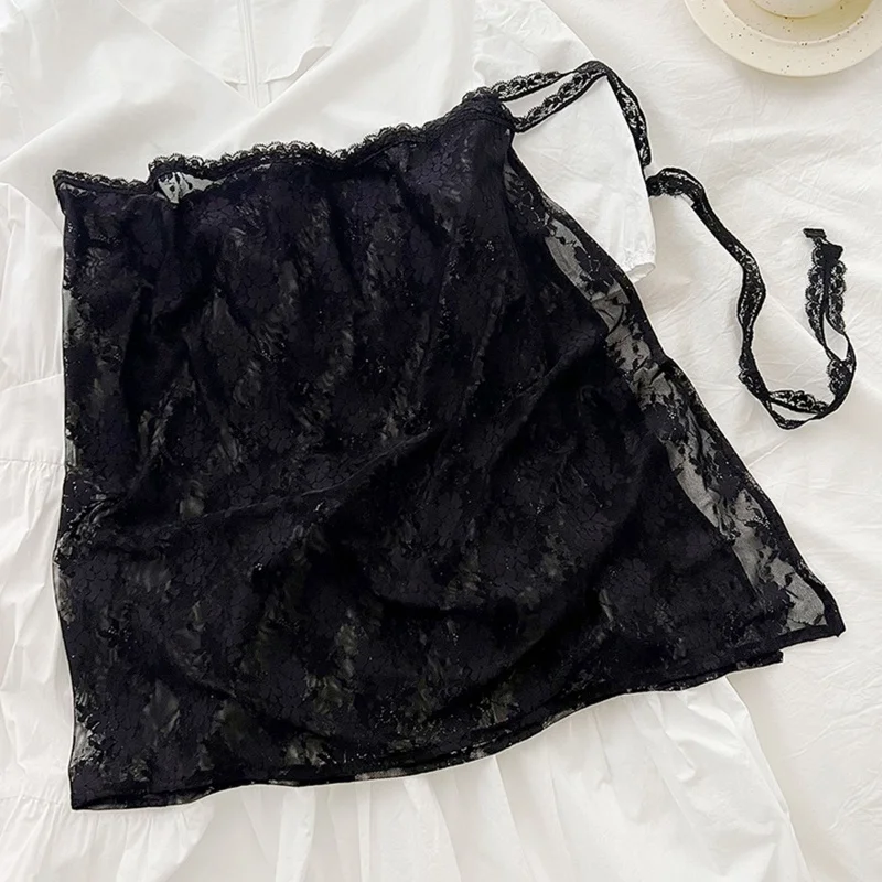 Falda delantal de encaje Y2k para mujer Falda midi de moda con lazo de cuerda Diseño versátil Accesorios de moda coreana
