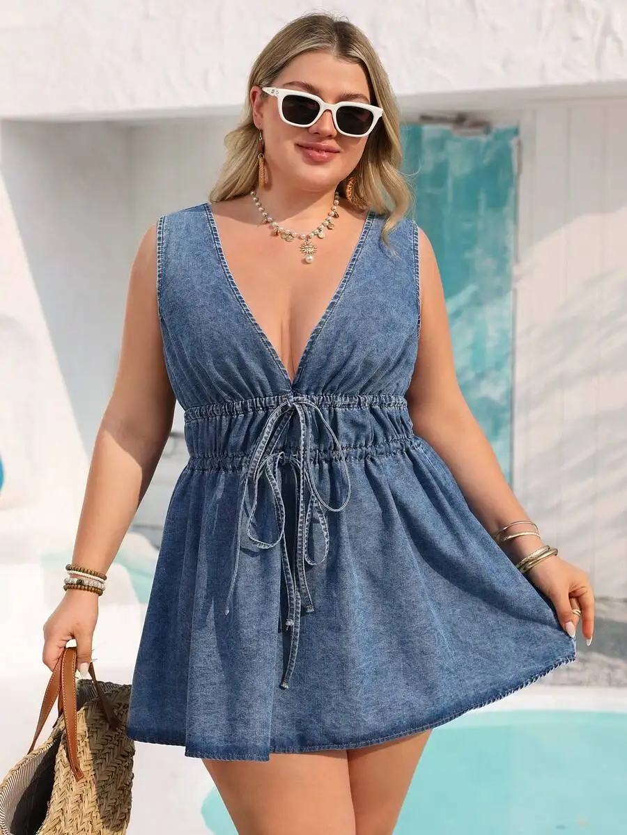 

Plus Size Women Denim Dress Deep V Neck Sleeveless Bow Tie Casual Summer Vacation Outfit