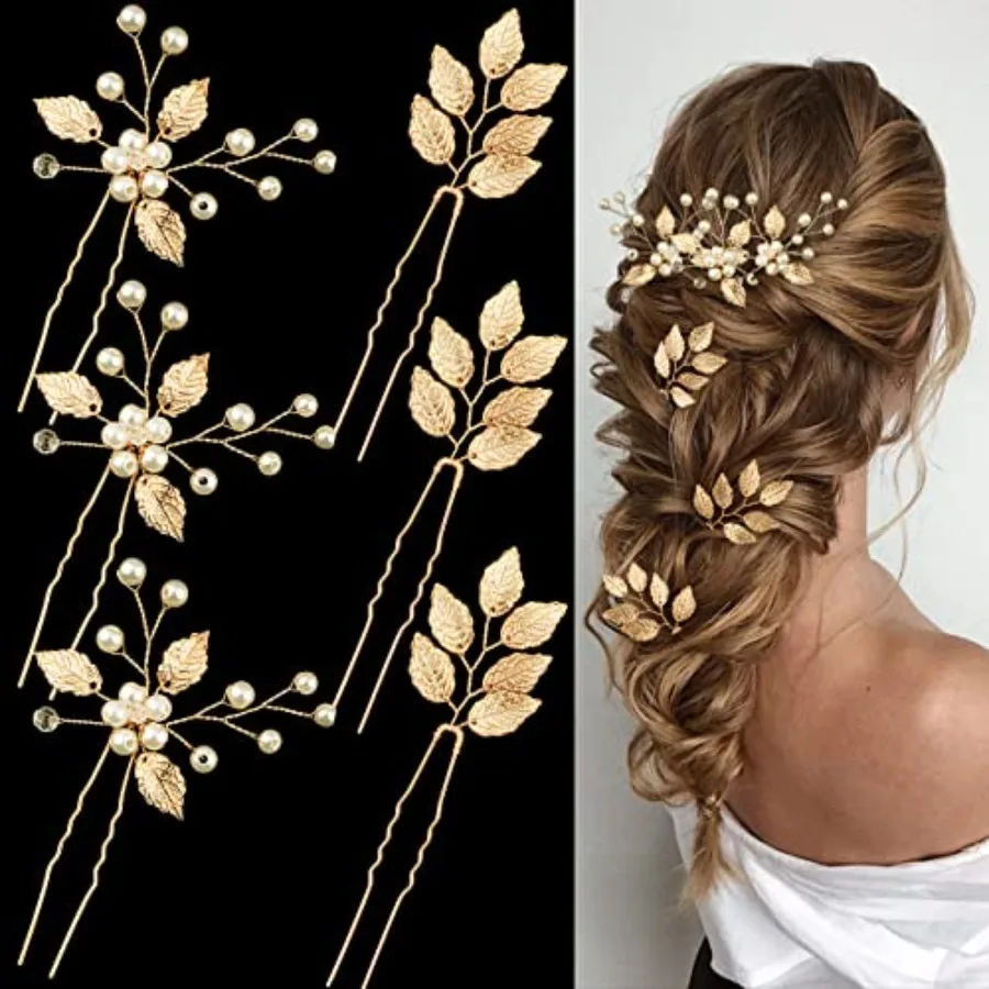 

6 Pieces Bridal Wedding Hair Pins Gold Leaf Crystal Pearl Hair Pins Clips Headpiece Vintage Wedding Hair Accessories Jewelry wi