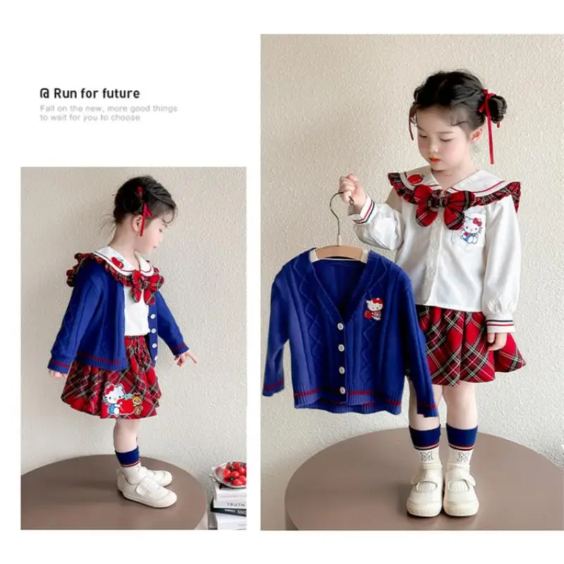 

Hot Sanrio Girl Dress Set Hello Kitty Kawaii Anime Fashion Student Casual Sweater Skirt 3-Piece Set Children Clothing New Style
