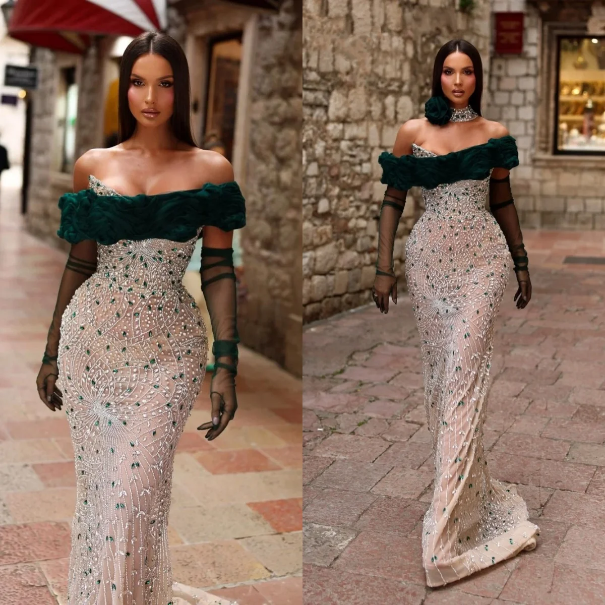 

Gorgeous Mermaid Evening Dress Off Shoulder Crystal Beaded Prom Gowns Sleeveless Floor Length Party Dresses Customized