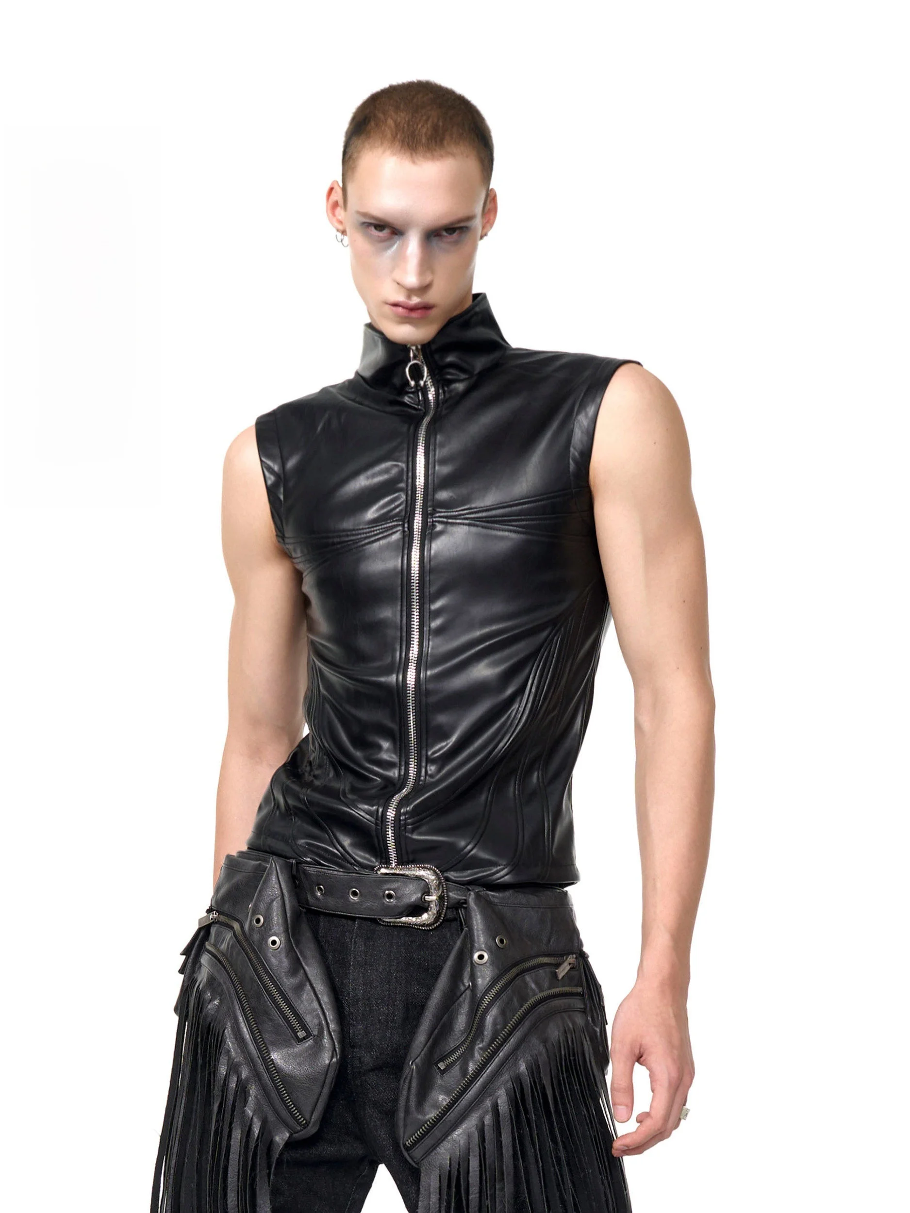 Black PU Leather Zipper Jacket Men's Sleeveless Stand Collar Motorcycle Vest Tight Fit Youthful Sporty Style round Neck Design