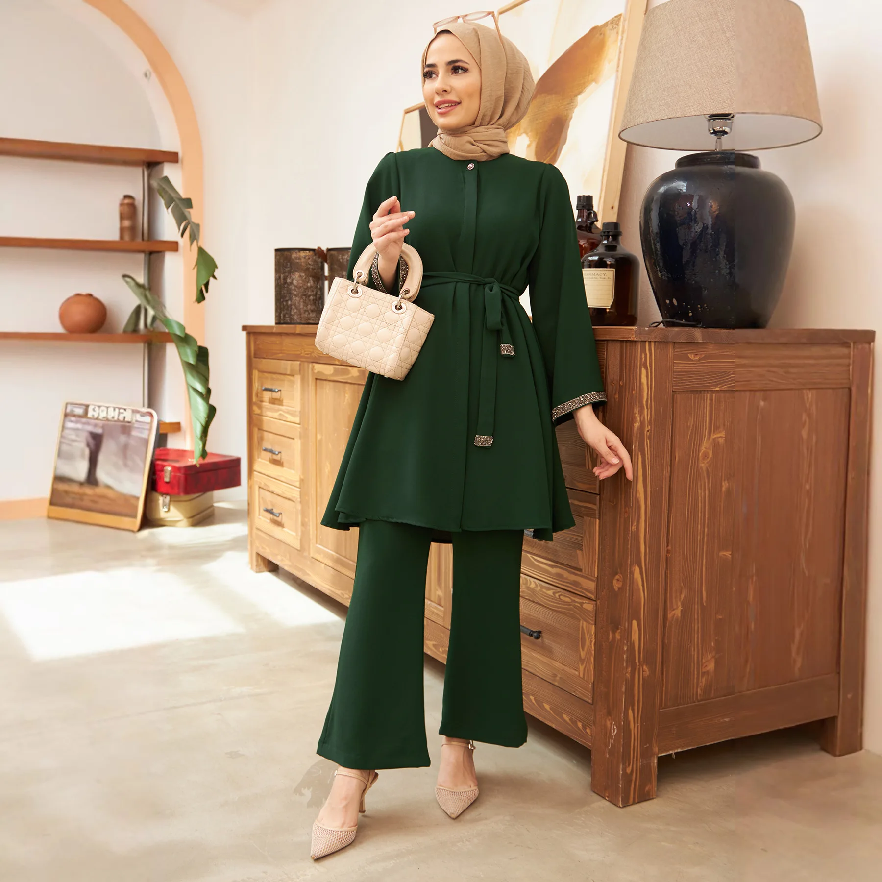 

Casual Women Blouse Pant Set Suit Muslim Eid 2 Piece Ramadan Morocco Dubai Islam Clothing Ensemble Arabic Abaya Modest Outfits