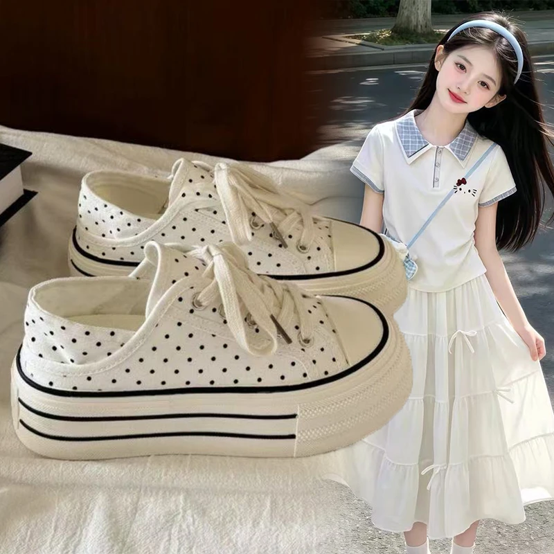 Little Girls Dotted Thick‑Sole Mule Sneakers Lace‑Up Design Comfort Non‑Slip Outsole Shoes For Everyday Occasions