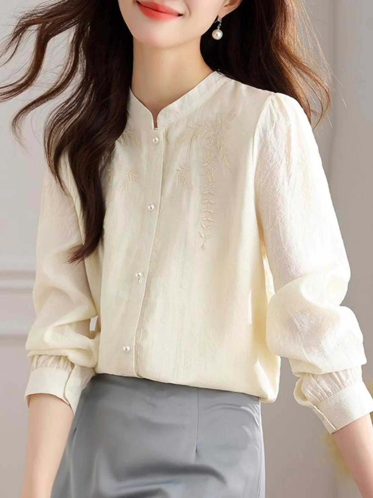 

Новая модная женская блузка Ele Commuter из ацетата с вышивкой, воротником-стойкой и длинными рукавами, весна 2025