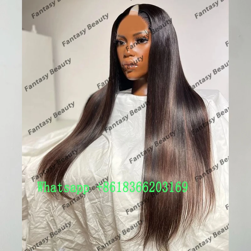 Super Long 30Inches Silky Straight Highlight Dark Brown Bayalage Remy Human Hair Adjustable V Part Wigs U Shaped Natural Wigs