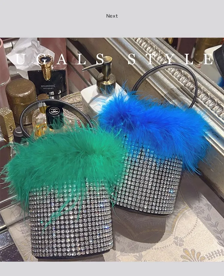 Luxury Designer Ostrich Feather Bucket Bag Glitter Shiny Rhinestone Diamond Evening Bag Wedding Party Clutch Purse Shoulder Bag