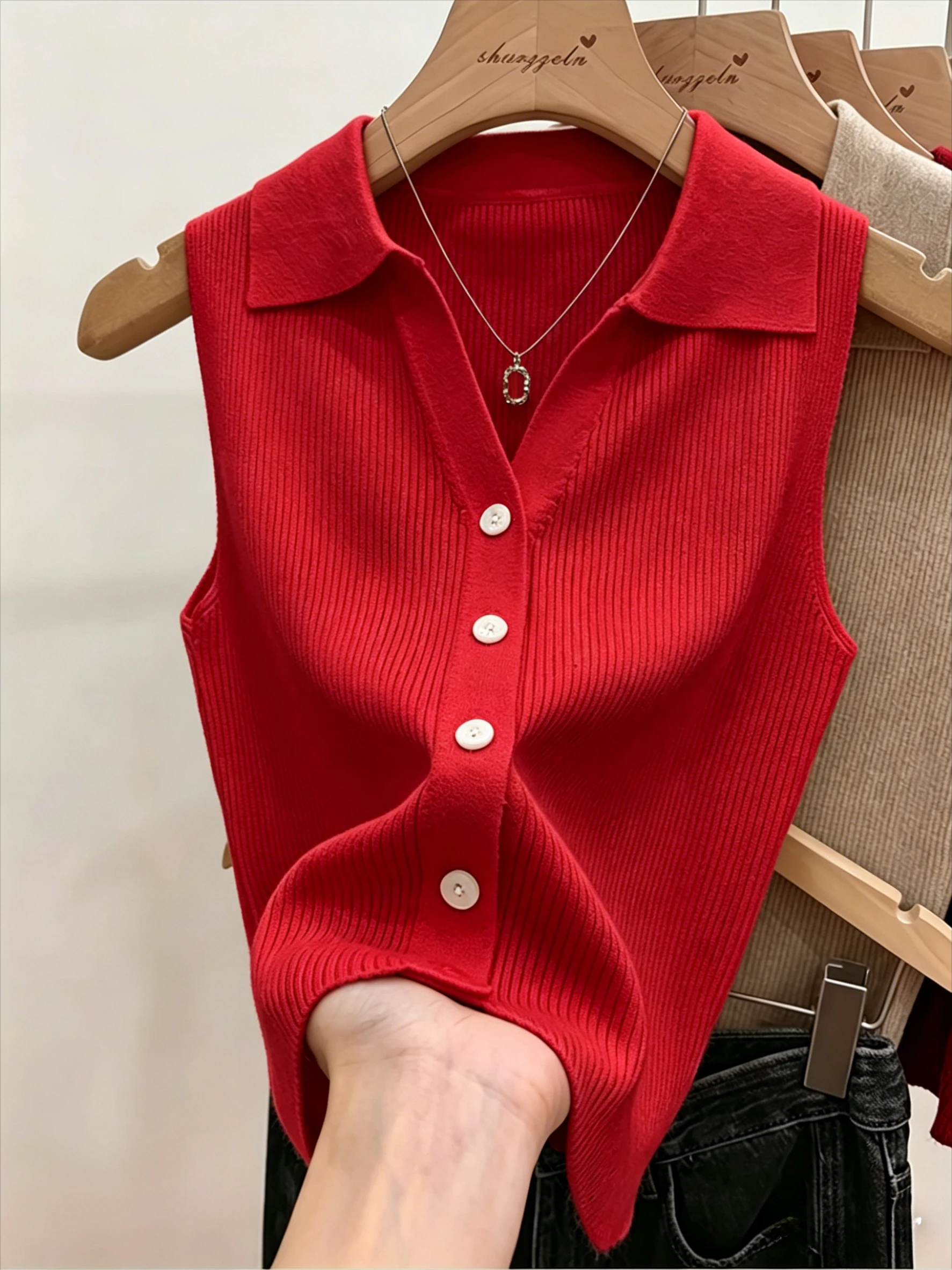 Women Red Polo Collar Sleeveless Knit Tank Top Vertical Ribbed Button Front Stretchy Slim Summer Casual Layering Knit Vest Shirt