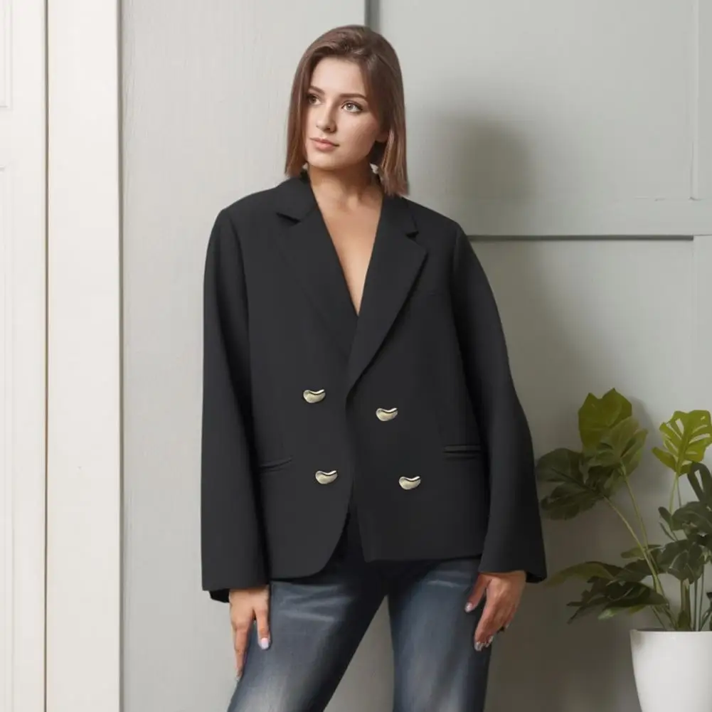 Lapel Long Sleeve Suti Coat Elegant Lapel Women's Suit Coat with Double Breasted Design Stylish Office Lady Outwear for Casual