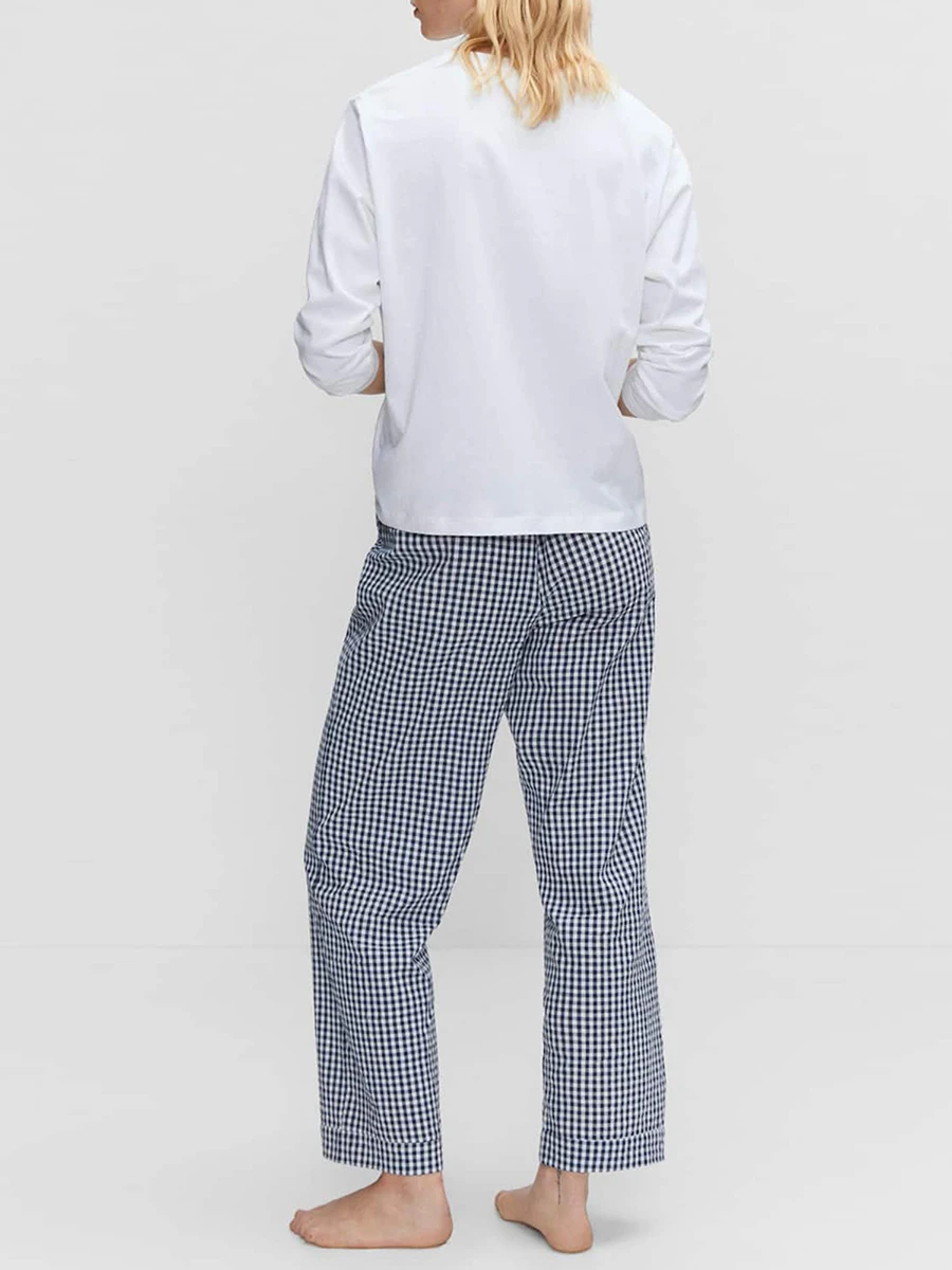 Women Summer Casual Lounge Pants Plaid Print Drawstring Waist Straight Leg Trousers Pajamas Bottoms