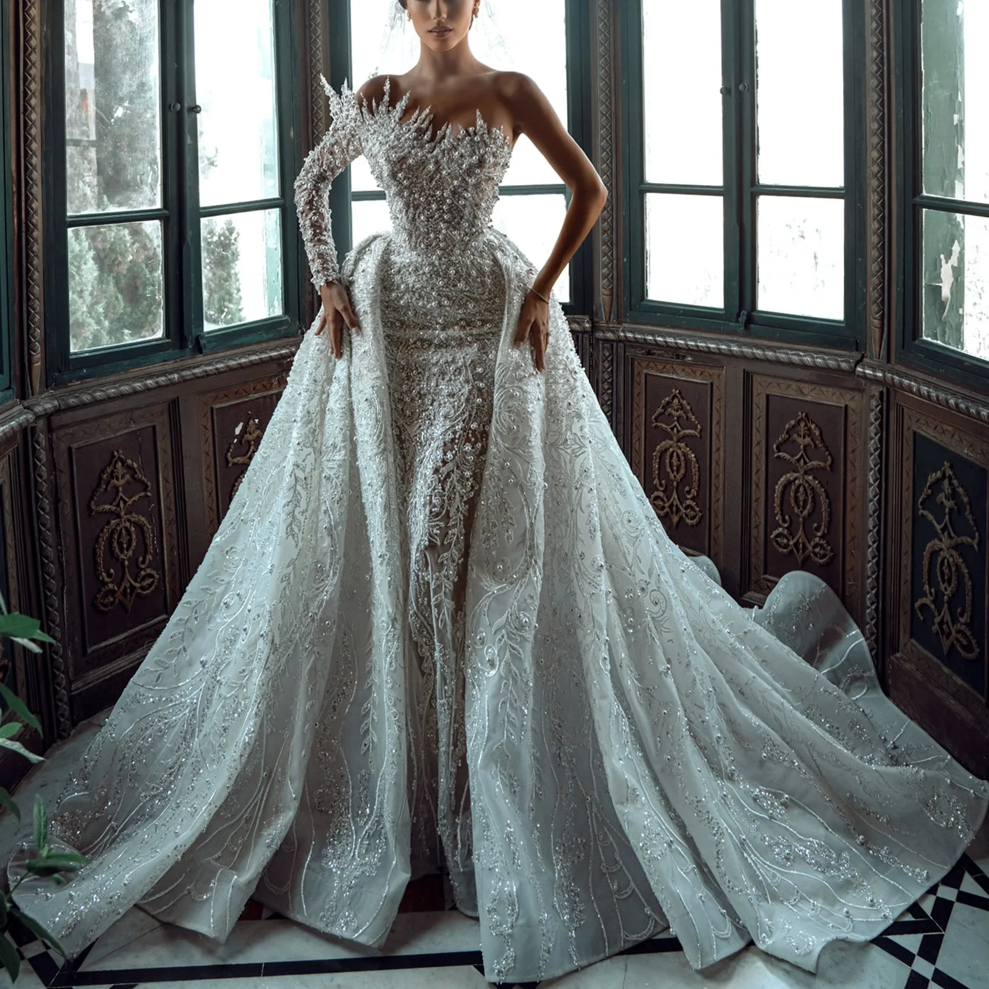 Luxury Beaded Illusion Long Sleeve Detachable Train African Women's Bridal Wedding Dress One Shoulder Bridal Wedding Dress