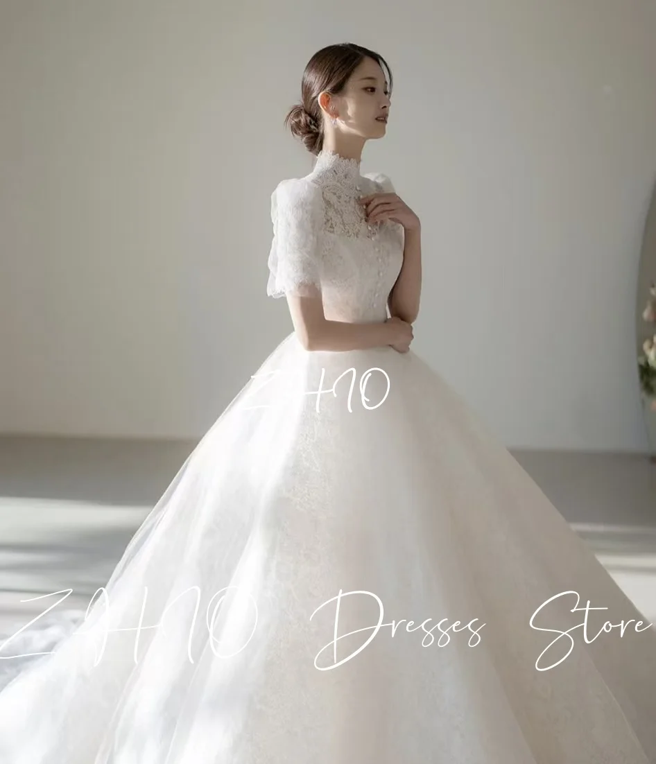 Zhi luxo marfim renda vestido de casamento alta pescoço mangas curtas a linha até o chão coreia sessão de fotos vestido de recepção de noiva personalizado