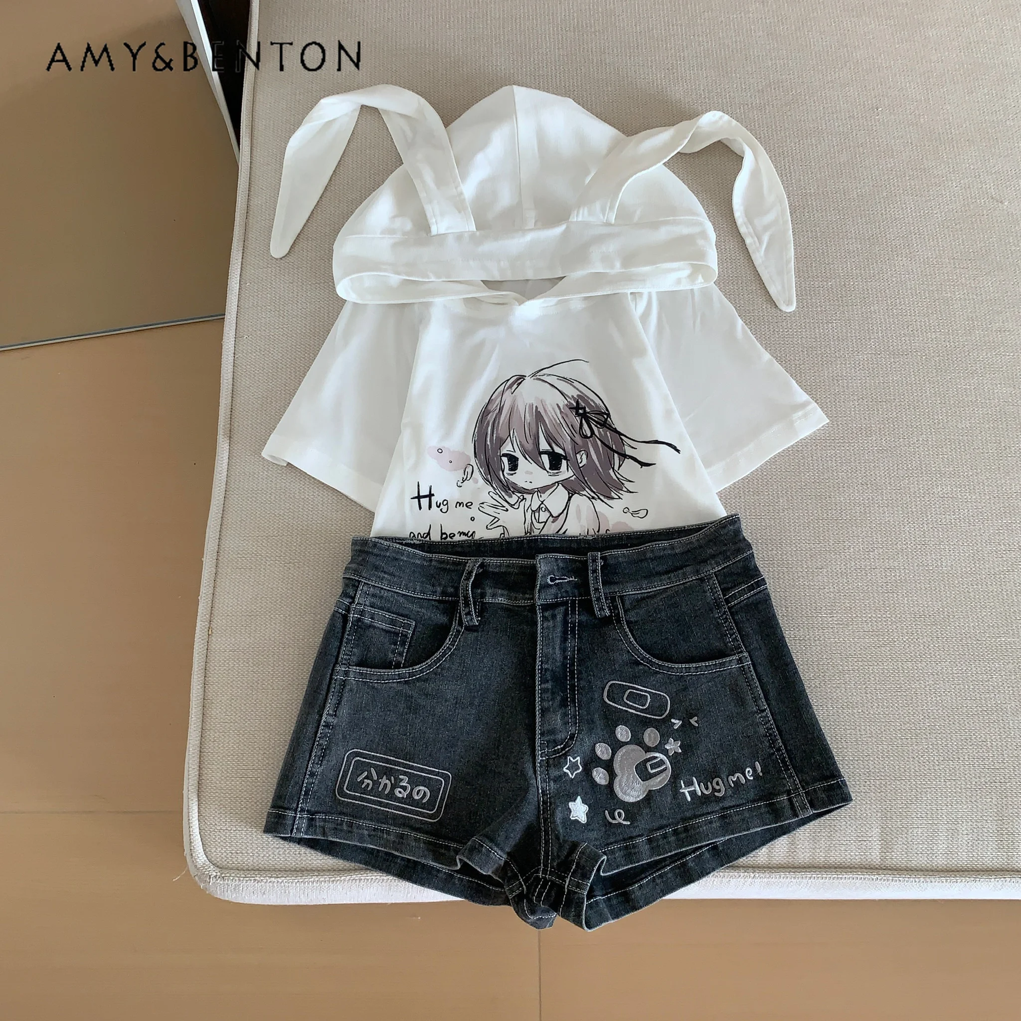 Subculture Spice Girl Y2K Denim Shorts Summer New Versatile Daily Casual Elastic Jean Shorts Cartoon Embroidered Kawaii Shorts
