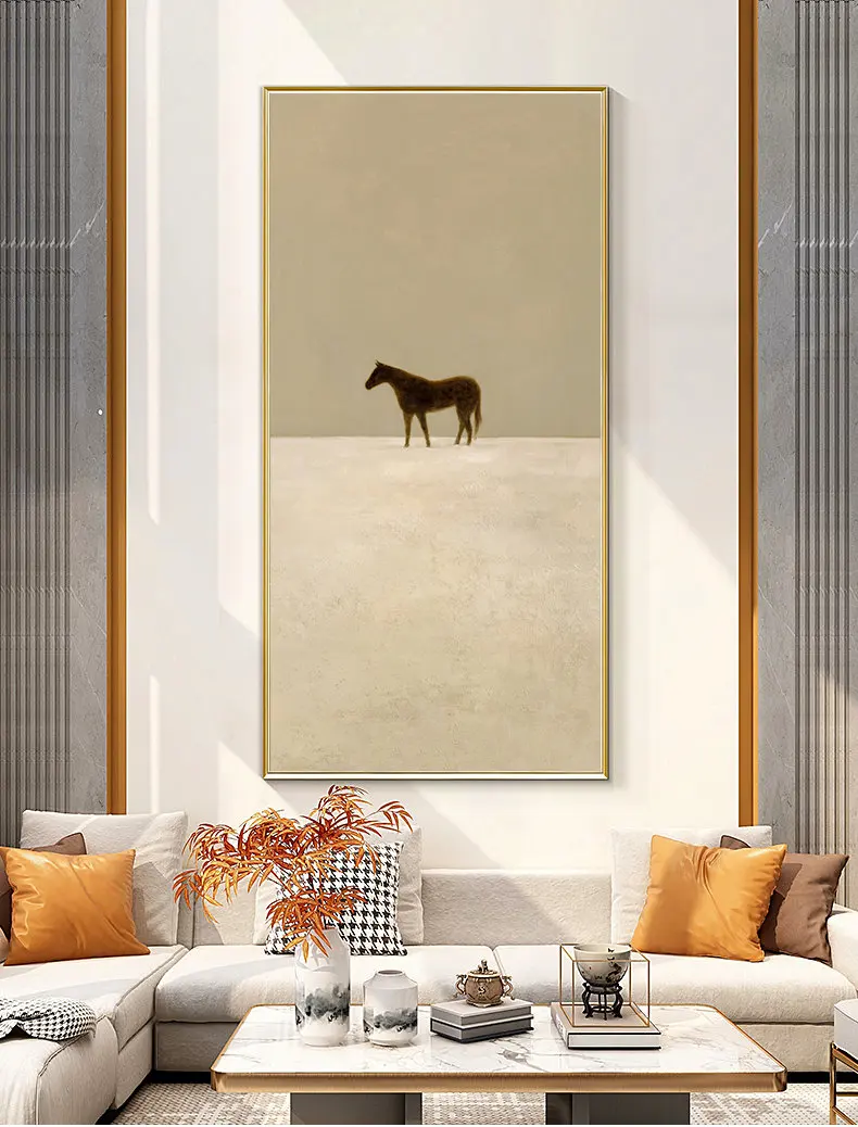 

100% Handmade Minimalist lonely horse in the vast grassland country landscape Oil canvas painting for living room decoration