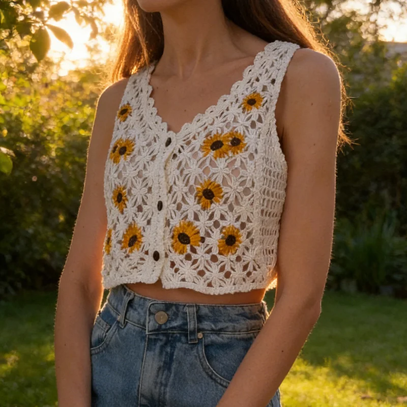Sunflower Crochet Vest Women Button Up Floral Open Stitch Waistcoat Crop Top Summer Beach Cover-up Cottagecore