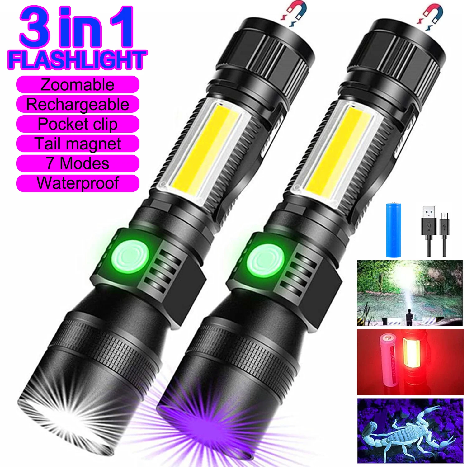 

Rechargeable LED Flashlight White+UV+Red Zoomable Camping Torch UV Black Light Portable 7 Modes Pocket Clip Magnetic Work Lamp